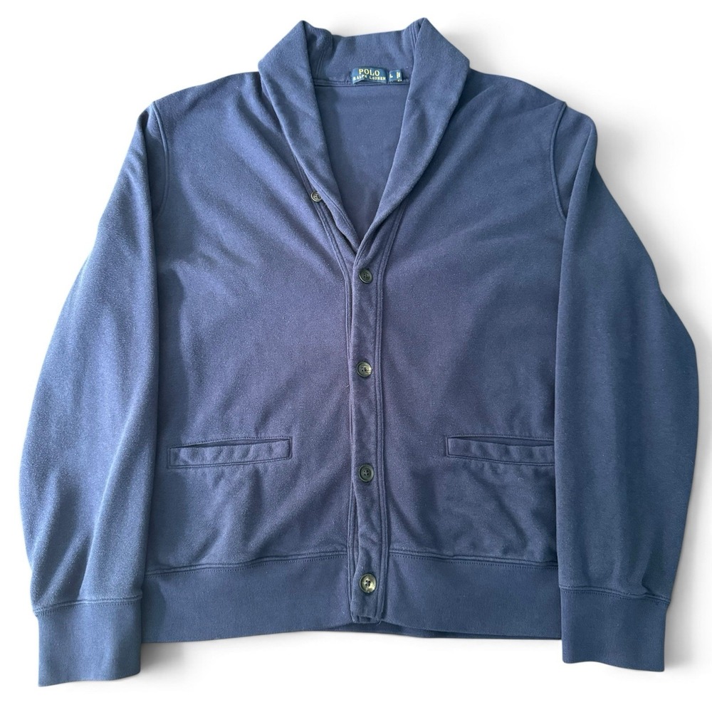 Polo Ralph Lauren Shawl Collar Cardigan Men L Blue Cotton Button Up Knit Sweater